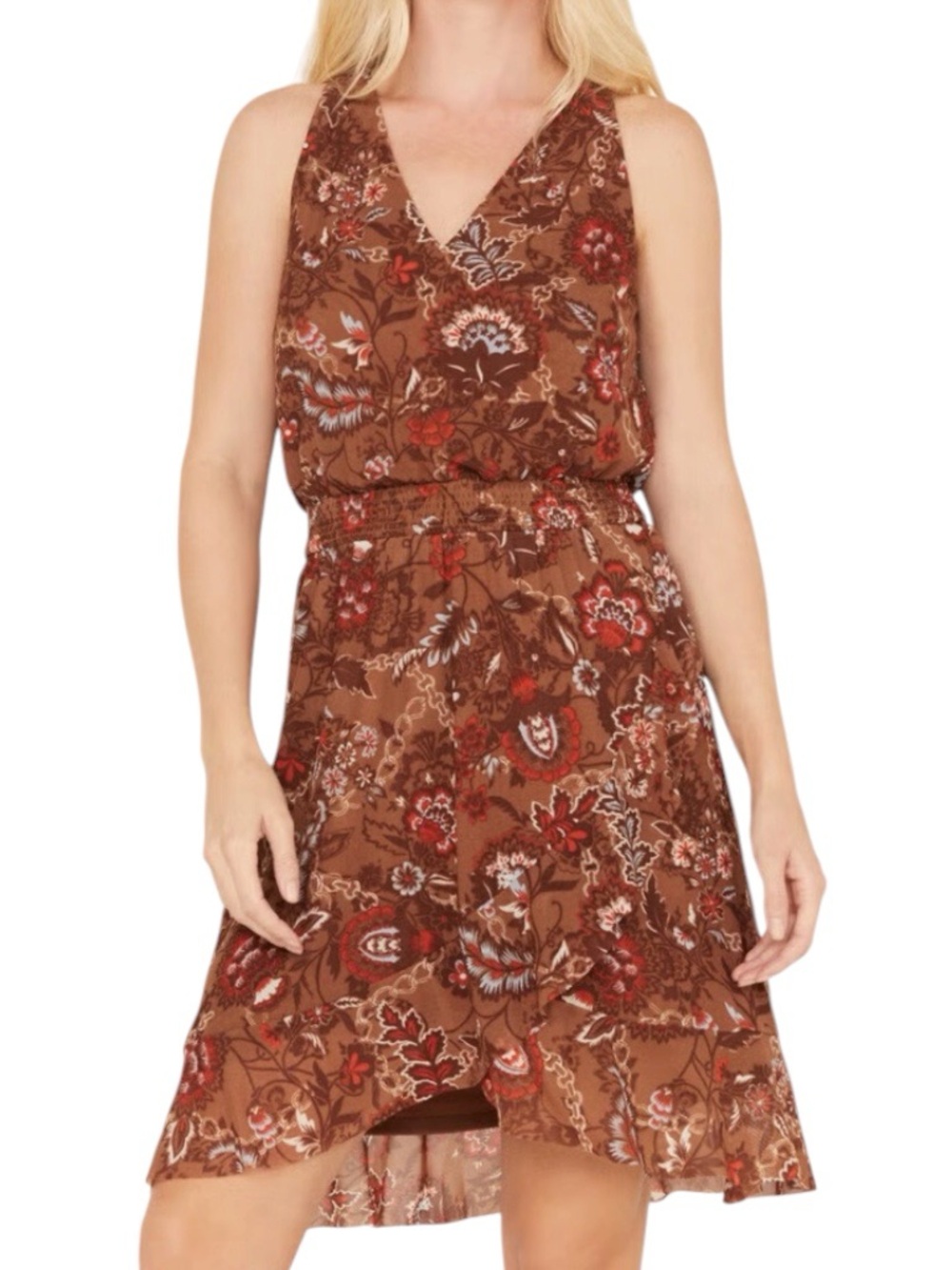 NEW Idyllwind Brown Floral V-Neck Mesh Western Cowgirl Ruffle Sleeveless Dress